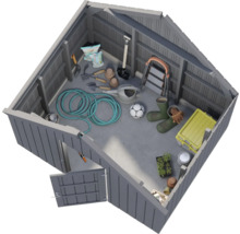 Innenansicht eines Gartenschuppens mit Gartengeräten und Zubehör