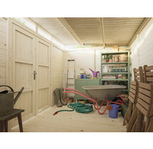 Gartenschuppen Innenraum mit Gartengeräten, Regal und Leiter