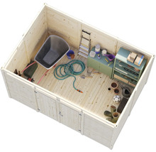 Holzgartenhaus mit Schubkarre, Gartenschlauch und Gartengeräten