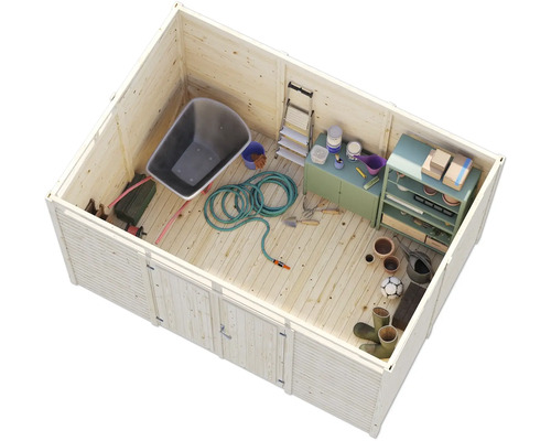 Holzgartenhaus mit Schubkarre, Gartenschlauch und Gartengeräten