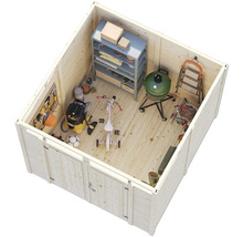 Innenansicht eines Gartenhauses mit Regalen, Grill, Werkzeugen und Kinderrad