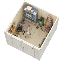 Innenansicht eines Holzgartenhauses mit Regalen, Grill, Werkzeugen und Spielzeug.