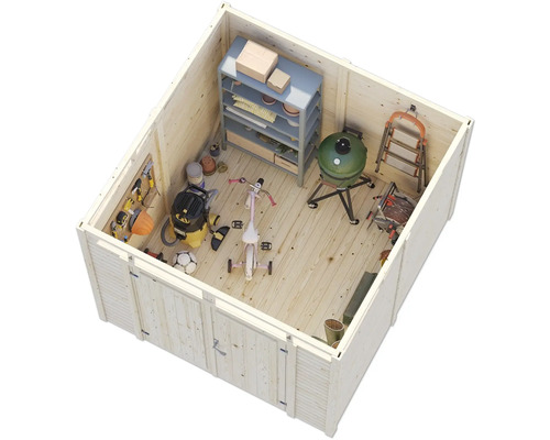 Innenansicht eines Holzgartenhauses mit Regalen, Grill, Werkzeugen und Spielzeug.