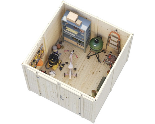 Innenraum eines Holzgartenhauses mit Werkzeugen, Grill, Regal und Kinderrad