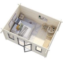 Vue intérieure d'une maison de jardin en bois avec des fenêtres et une porte, aménagée avec un lit et une table