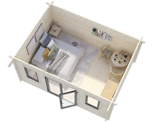 Vue intérieure d'un abri de jardin avec lit et coin salon