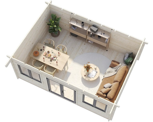 Vue intérieure d'une cabane de jardin en bois avec table à manger, canapé et étagères