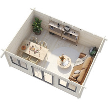 Vue intérieure d'une maison en bois avec table à manger, chaises, canapé et étagères.