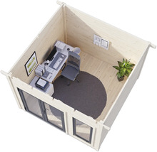 Abri de jardin en bois avec installation de bureau, comprenant un bureau, une chaise de bureau et une plante