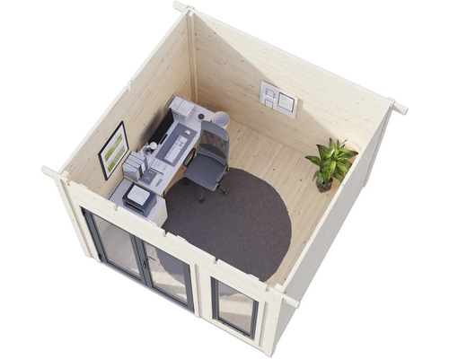 Maison de jardin en bois avec mobilier de bureau, bureau, chaise de bureau, tapis et plante