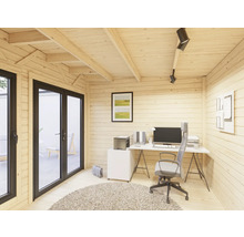 Bureau lumineux dans une cabane de jardin en bois avec bureau et chaise de bureau