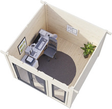 Abri de jardin en bois avec mobilier de bureau, bureau, chaise, plante et tapis