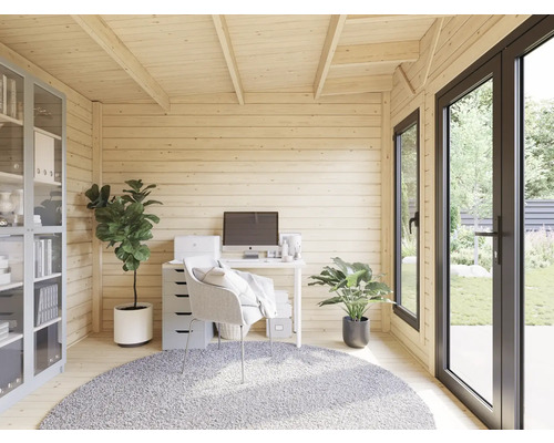 Intérieur d'une cabane de jardin en bois avec espace de travail, comprenant un bureau, une chaise et des plantes