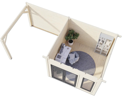 Illustration d'un abri de jardin avec mobilier de bureau, plante, tapis et étagère vus de dessus.