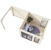 Vue de dessus d'une cabane de jardin avec fenêtre, porte, bureau et bibliothèque