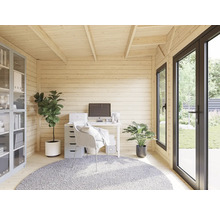 Vue intérieure d'une cabane de jardin lumineuse avec bureau, chaise, plantes et étagères