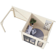 Vue de dessus d'une cabane de jardin en bois avec mobilier de bureau et fenêtres