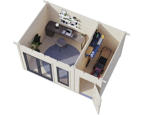 Vue intérieure d'un abri de jardin avec un espace bureau et un espace de rangement pour les outils de jardin