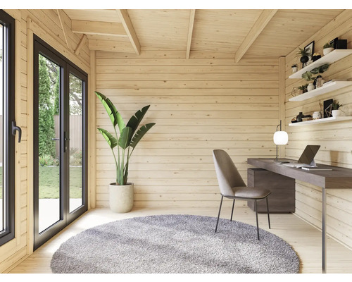 Cabane en bois clair avec mobilier de bureau, tapis rond et plante d'intérieur