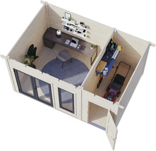 Vue intérieure d'une cabane de jardin avec bureau et espace de rangement avec tondeuse à gazon