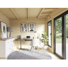 Maison de jardin en bois avec bureau, chaise, commode et fenêtres pour le jardin.