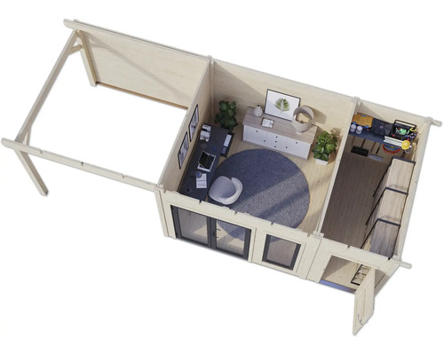 Vue de dessus d'une cabane de jardin avec mobilier de bureau, bureau et solutions de rangement