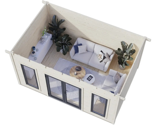 Vue intérieure d'une maison de jardin lumineuse avec des fenêtres et une double porte, équipée d'un canapé, de fauteuils et de plantes.