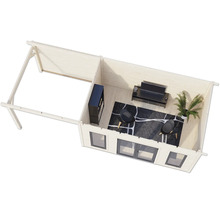 Vue intérieure d'une cabane de jardin moderne avec meubles et fenêtres