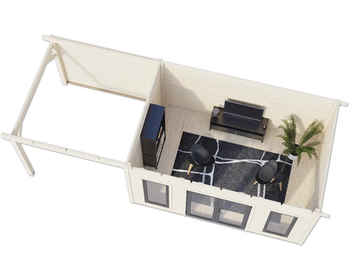 Vue intérieure d'une maison de jardin en bois avec fenêtres, meubles et tapis