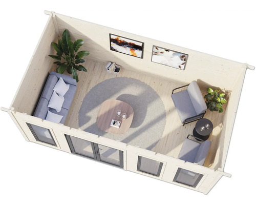 Vue intérieure d'une cabane de jardin avec canapé, fauteuils, table et décorations