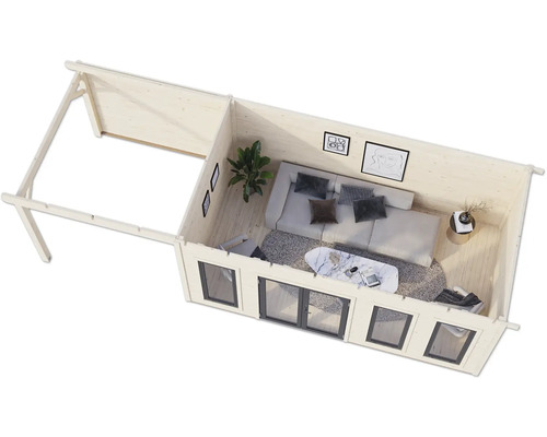 Vue intérieure d'une maison de jardin en bois avec façade vitrée, canapé, table et décoration