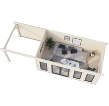 Vue intérieure d'une cabane de jardin avec fenêtres, canapé et décoration