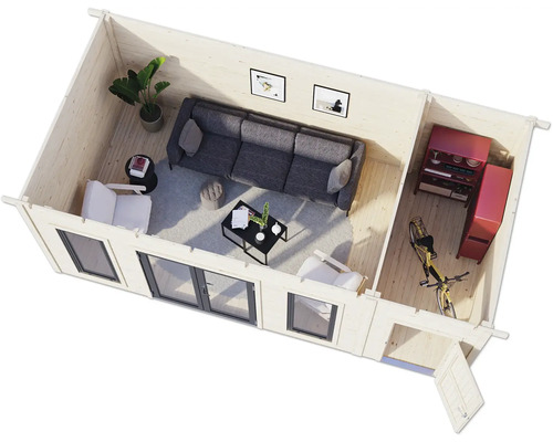 Vue de dessus d'une cabane en rondins avec des meubles, une décoration et un vélo