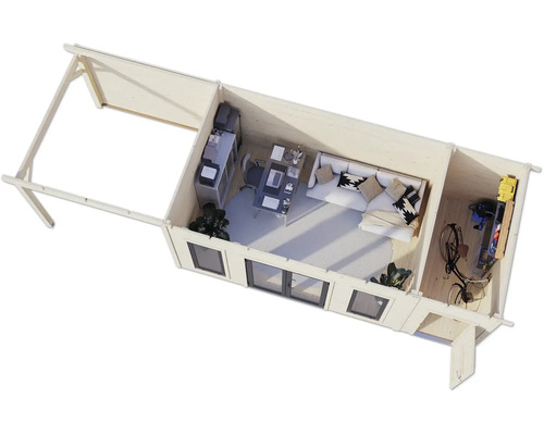 Vue de dessus d'une cabane de jardin lumineuse avec bureau, coin salon et espace de rangement