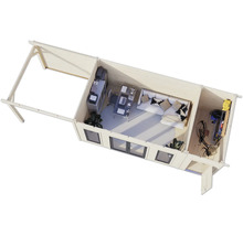 Draufsicht eines Gartenhauses mit Büro, Wohnbereich und Abstellraum