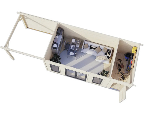 Draufsicht eines Gartenhauses mit Büro, Wohnbereich und Abstellraum