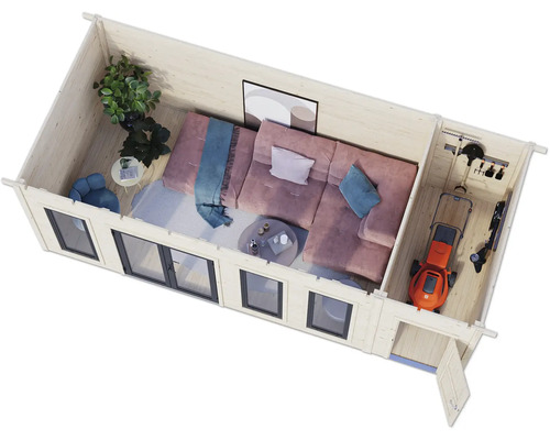 Vue de dessus d'une maison de jardin avec espace de vie et espace de rangement