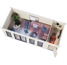 Vue intérieure d'un abri de jardin avec coin salon et espace de rangement