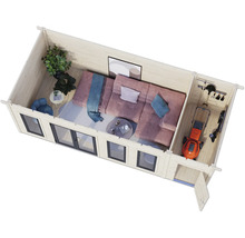 Vue de dessus d'un abri de jardin avec coin salon et remise à outils