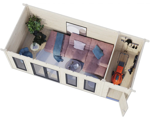 Vue de dessus d'un abri de jardin avec coin salon et remise à outils