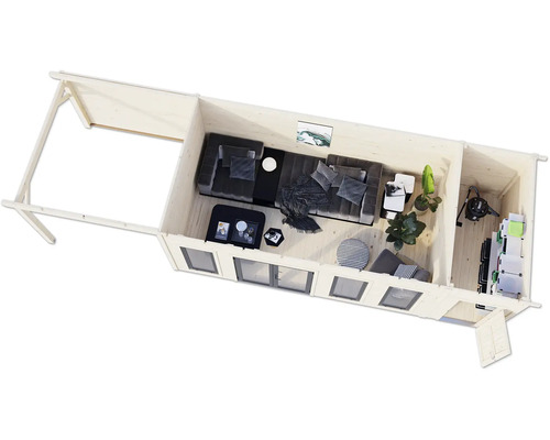 Vue de dessus d'une cabane de jardin aménagée avec des meubles et des appareils