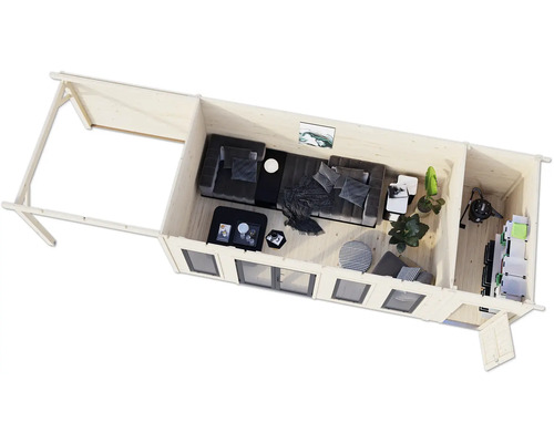 Draufsicht eines eingerichteten Gartenhauses mit Möbeln und Dekoration