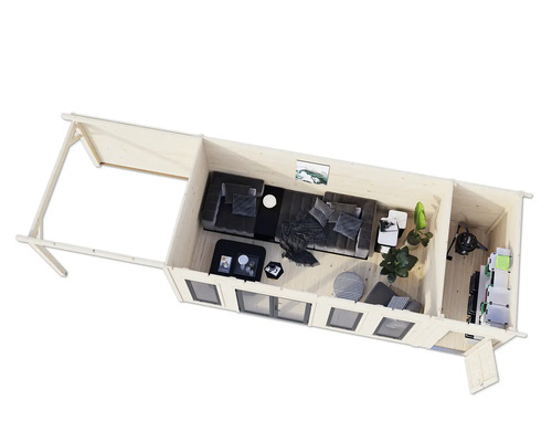 Vue de dessus d'une cabane de jardin avec des meubles