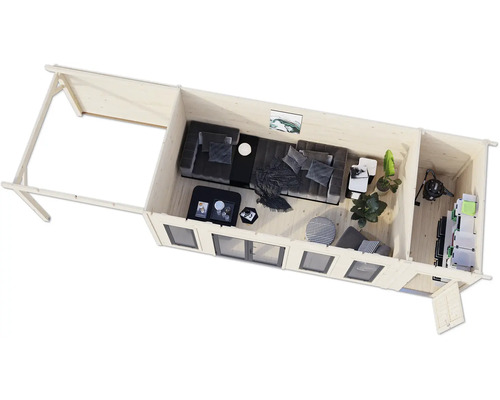 Innenansicht eines Holzgartenhauses mit Möbeln und Dekorationen.