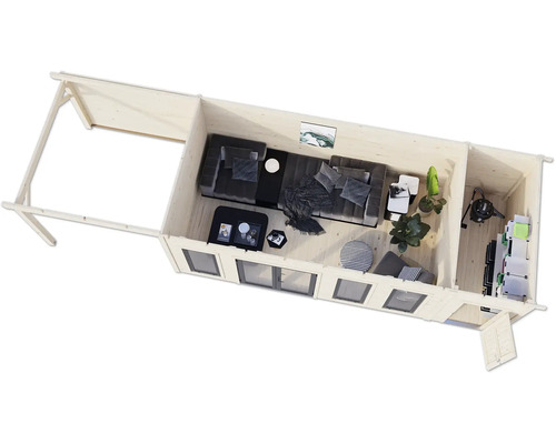 Vue de dessus d'une maison en bois avec espace de vie et espace de rangement