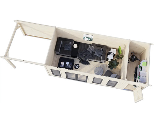 Plan d'une maison en bois avec salon, chambre et espace de rangement