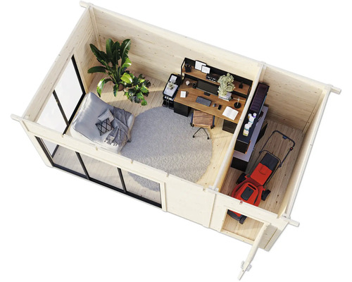 Vue intérieure d'une cabane de jardin en bois avec espace bureau, coin salon et outil de jardin