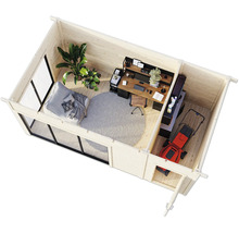 Vue du toit d'une cabane de jardin en bois avec coin bureau, coin salon et tondeuse à gazon