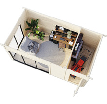 Maison de jardin en bois avec espace de vie, espace de travail et tondeuse à gazon