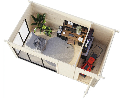 Vue intérieure d'un abri de jardin avec coin bureau, coin salon et outils de jardin